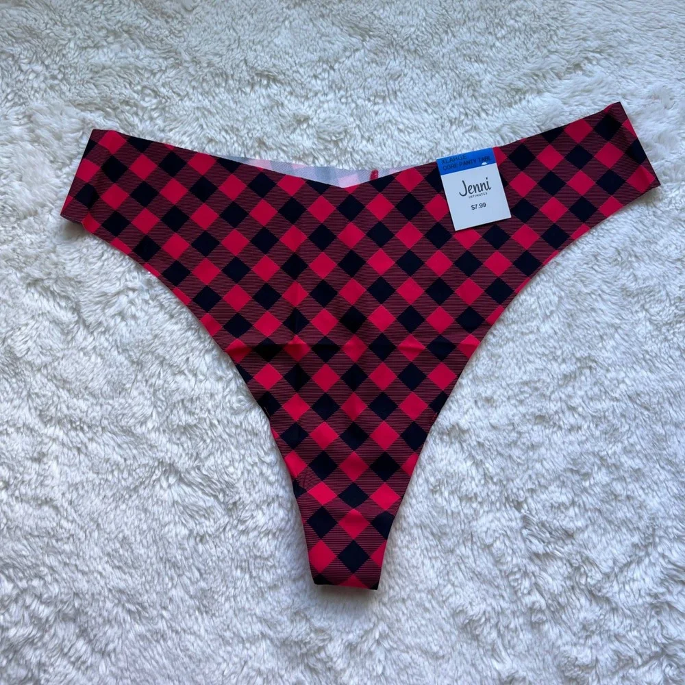 Jenni Intimates Women's Red Black Buffalo Plaid Seamless Thong Panty Size XL New